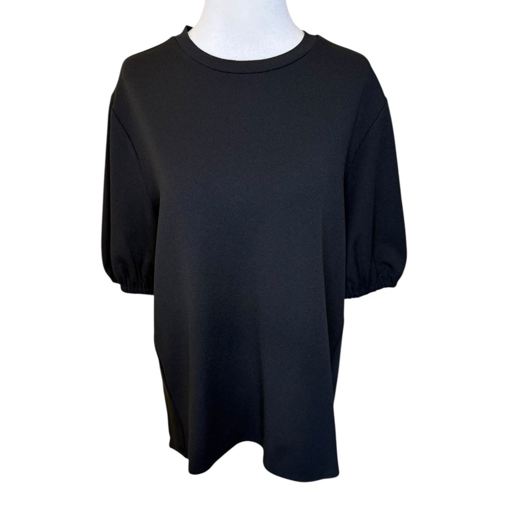 Nordstrom Rack Black Top Puff Sleeve Crew Neck Blouse Minimalist Size Small NWT